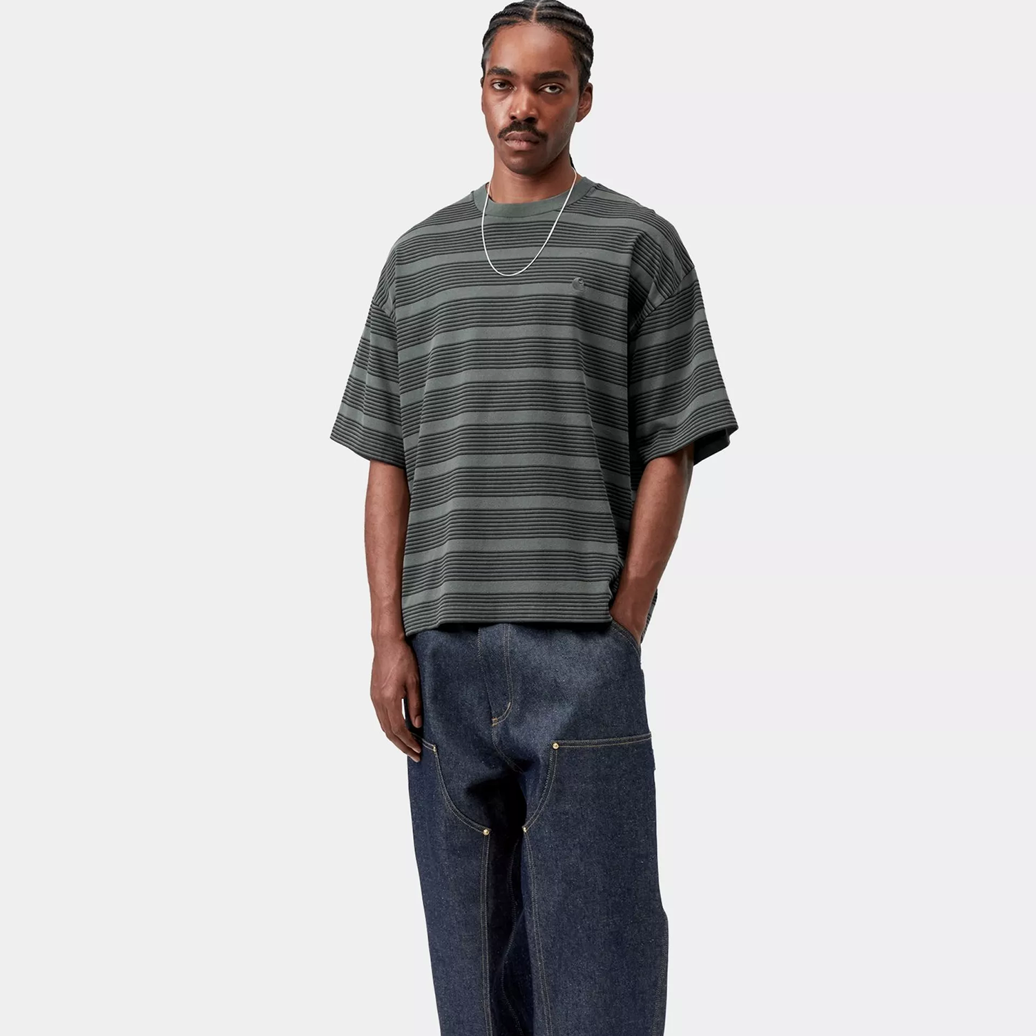 Carhartt WIP S/S Hanson T-Shirt: Hanson Stripe / Kale Green Garment Dyed