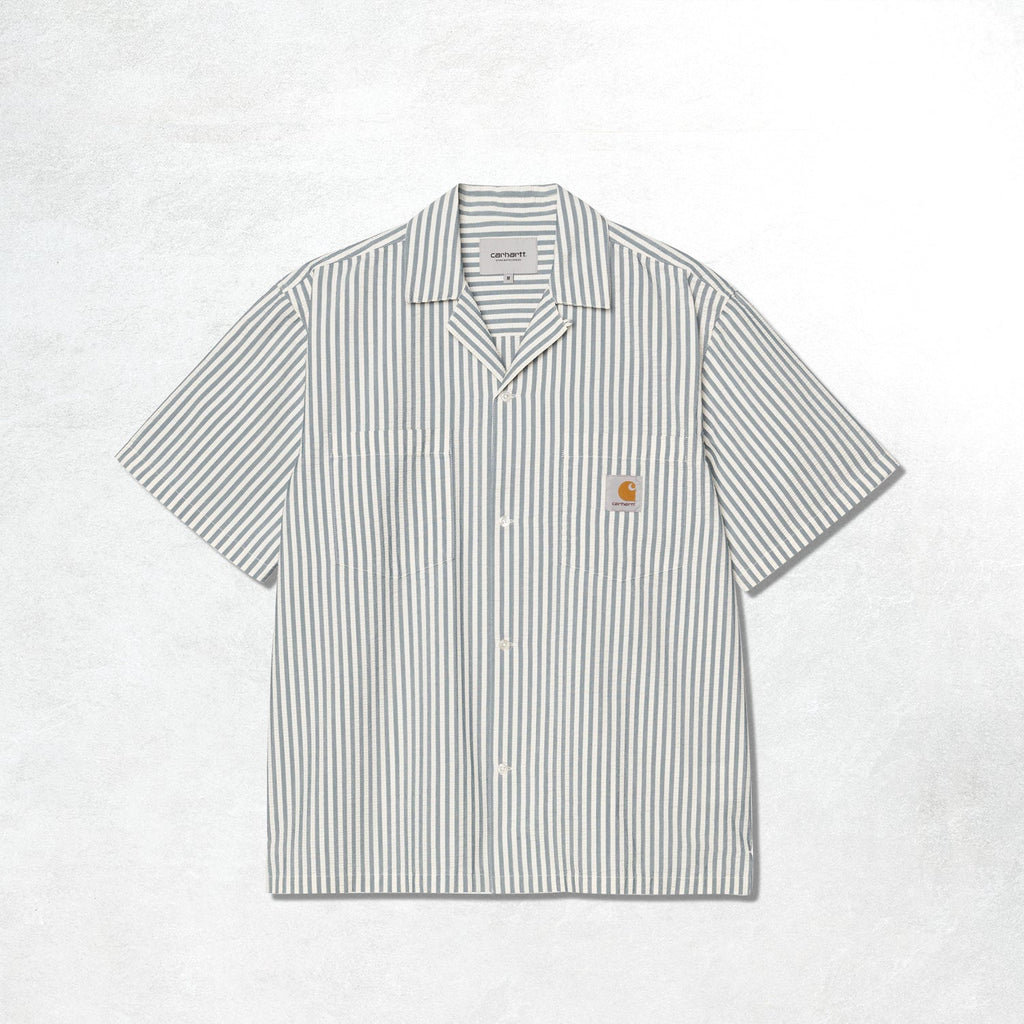 Carhartt WIP S/S Leavel Shirt: Leavel Stripe, Blue River / Wax